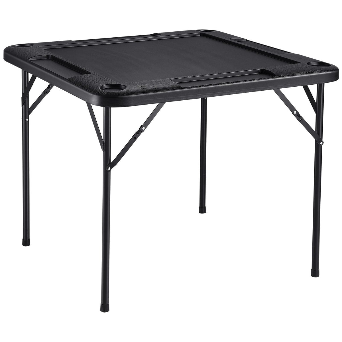 Mahjong Table, Square 4 Player Folding Card Table with 4 Cup Holders & 4 Chip Trays, Portable Domino Game Table with 1 Set of Dominoes for Mahjong Poke Puzzles, 35.4 x 35.4-inch, Black