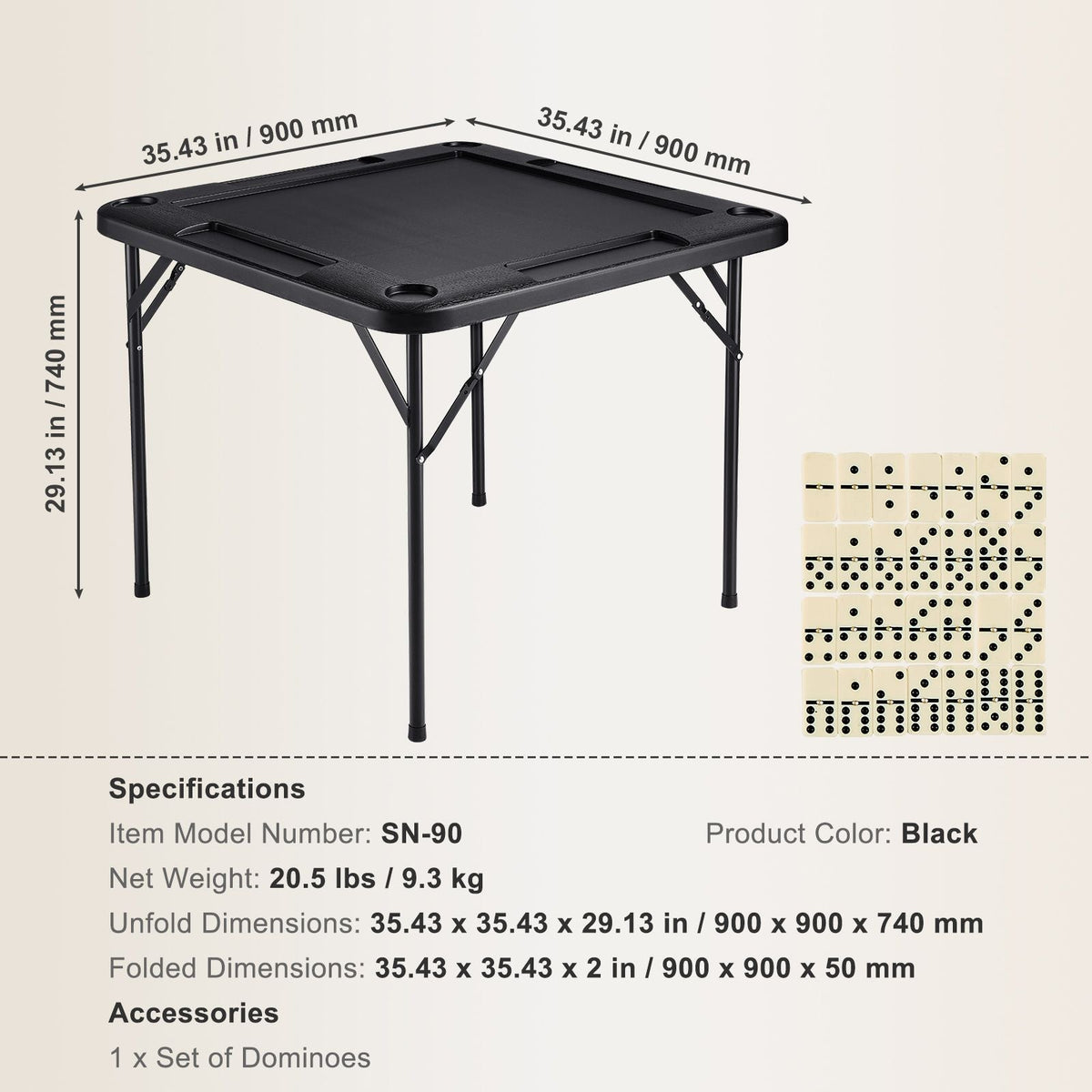 Mahjong Table, Square 4 Player Folding Card Table with 4 Cup Holders & 4 Chip Trays, Portable Domino Game Table with 1 Set of Dominoes for Mahjong Poke Puzzles, 35.4 x 35.4-inch, Black