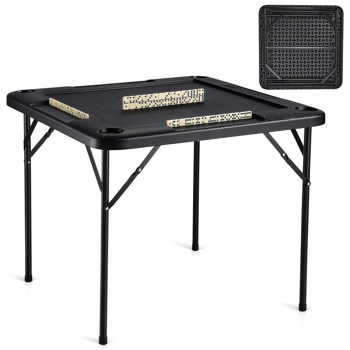 Mahjong Table, Square 4 Player Folding Card Table with 4 Cup Holders & 4 Chip Trays, Portable Domino Game Table with 1 Set of Dominoes for Mahjong Poke Puzzles, 35.4 x 35.4-inch, Black