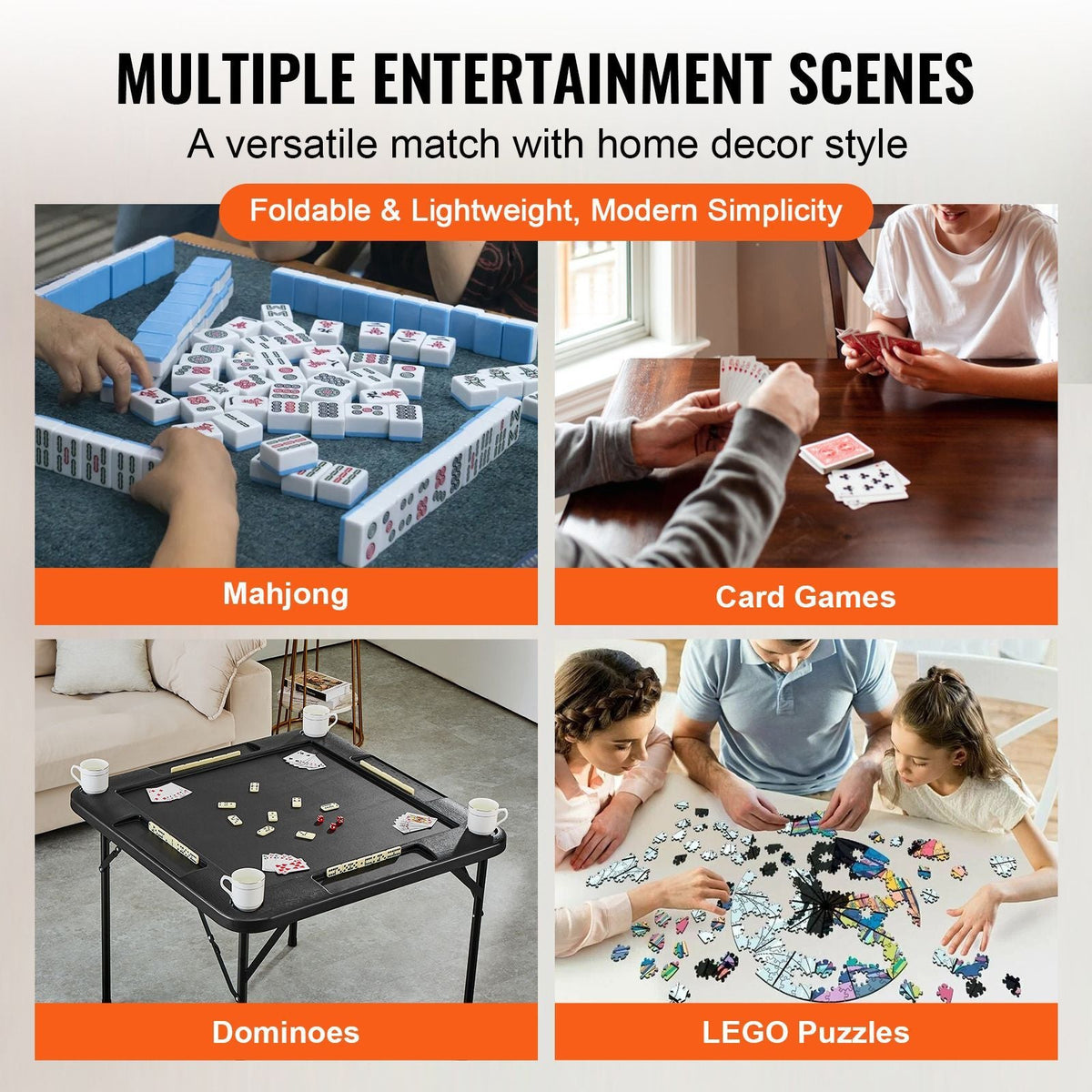 Mahjong Table, Square 4 Player Folding Card Table with 4 Cup Holders & 4 Chip Trays, Portable Domino Game Table with 1 Set of Dominoes for Mahjong Poke Puzzles, 35.4 x 35.4-inch, Black
