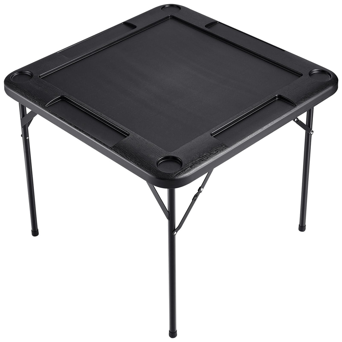 Mahjong Table, Square 4 Player Folding Card Table with 4 Cup Holders & 4 Chip Trays, Portable Domino Game Table with 1 Set of Dominoes for Mahjong Poke Puzzles, 35.4 x 35.4-inch, Black