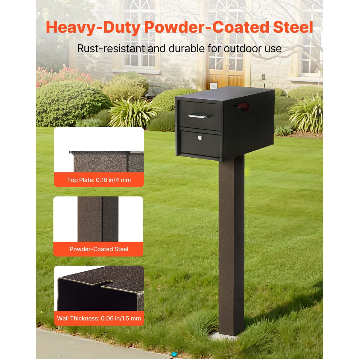 Mailbox Post, 43 x 4 x 4 Inches, Steel In-Ground Mounting Mail Box Stand with Powder Coating Surface, Heavy Duty Metal Post Sleeve Kit for Outside Curbside Residential Use, Easy Install, Bronze