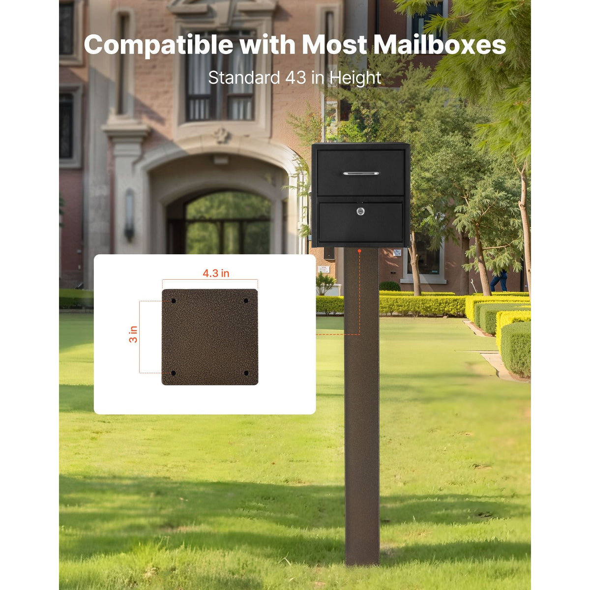 Mailbox Post, 43 x 4 x 4 Inches, Steel In-Ground Mounting Mail Box Stand with Powder Coating Surface, Heavy Duty Metal Post Sleeve Kit for Outside Curbside Residential Use, Easy Install, Bronze