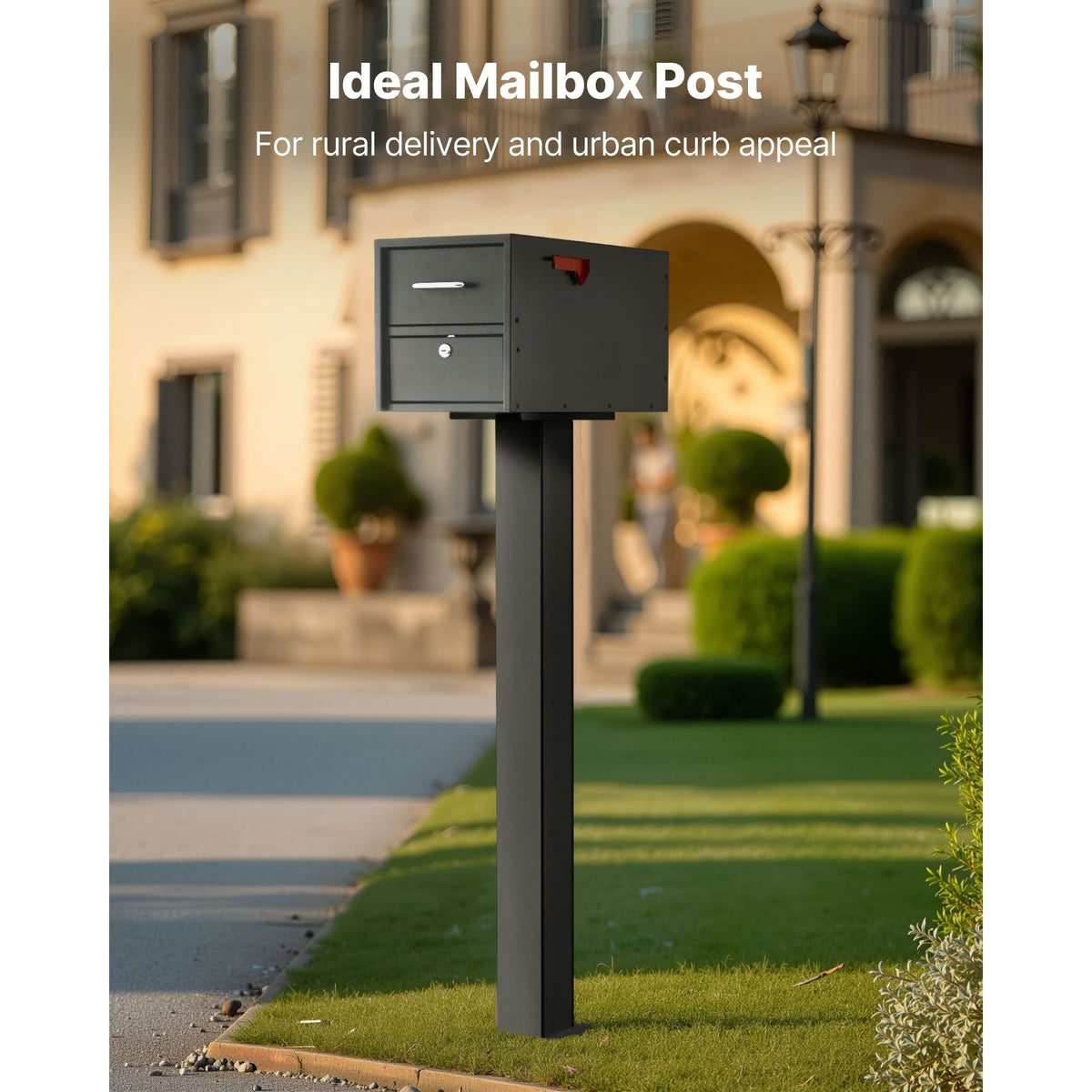 Mailbox Post, 43 x 4 x 4 Inches, Steel In-Ground Mounting Mail Box Stand with Universal Plate Bracket, Heavy Duty Metal Post Sleeve Kit for Outside Curbside Residential Use, Powder Coated Black