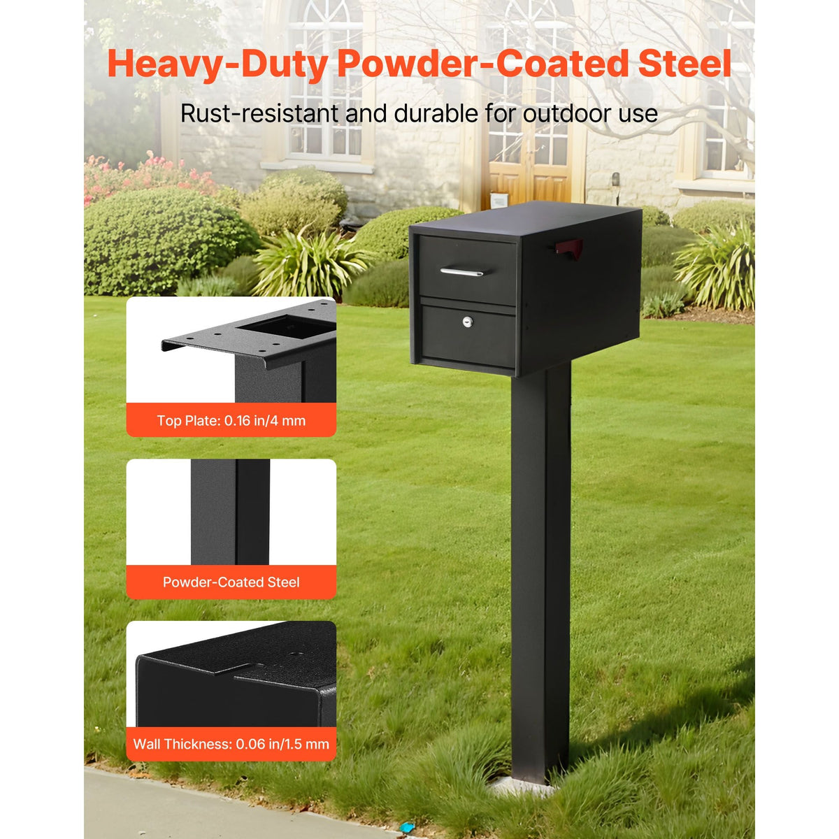 Mailbox Post, 43 x 4 x 4 Inches, Steel In-Ground Mounting Mail Box Stand with Universal Plate Bracket, Heavy Duty Metal Post Sleeve Kit for Outside Curbside Residential Use, Powder Coated Black