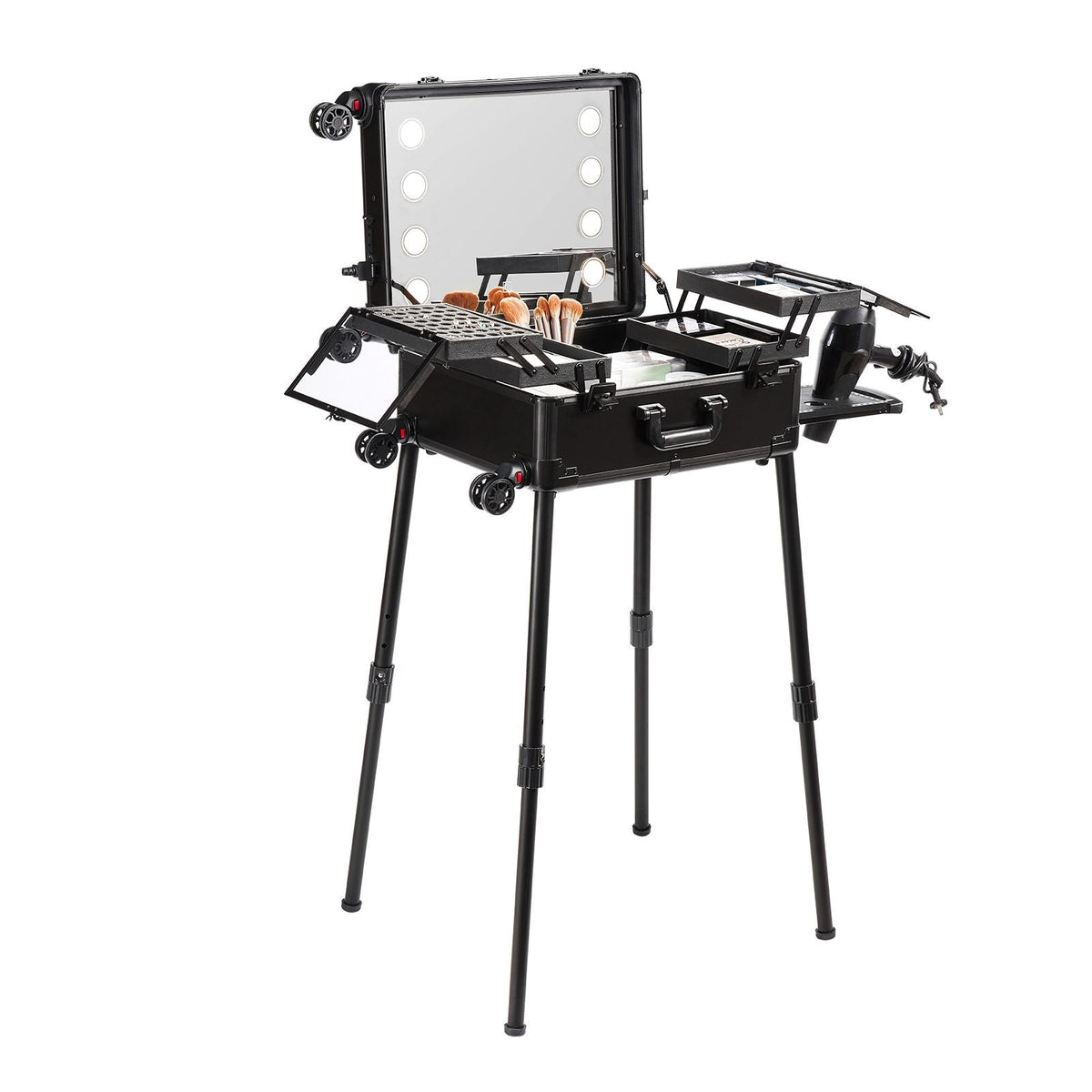 Makeup Train Case with Lock, Lighted Mirror, 4 Storage Trays, Brush Holder, Travel Cosmetic Organizer Box w/ Swivel Wheels, Professional Artist Trolley Studio Free Standing Case