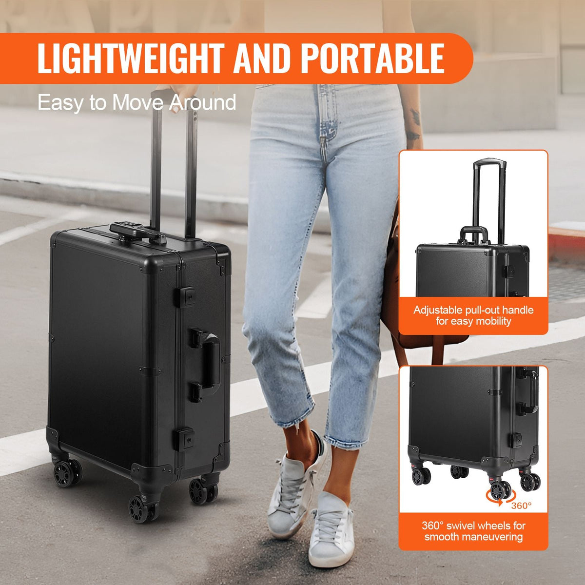 Makeup Train Case with Lock, Lighted Mirror, 4 Storage Trays, Brush Holder, Travel Cosmetic Organizer Box w/ Swivel Wheels, Professional Artist Trolley Studio Free Standing Case