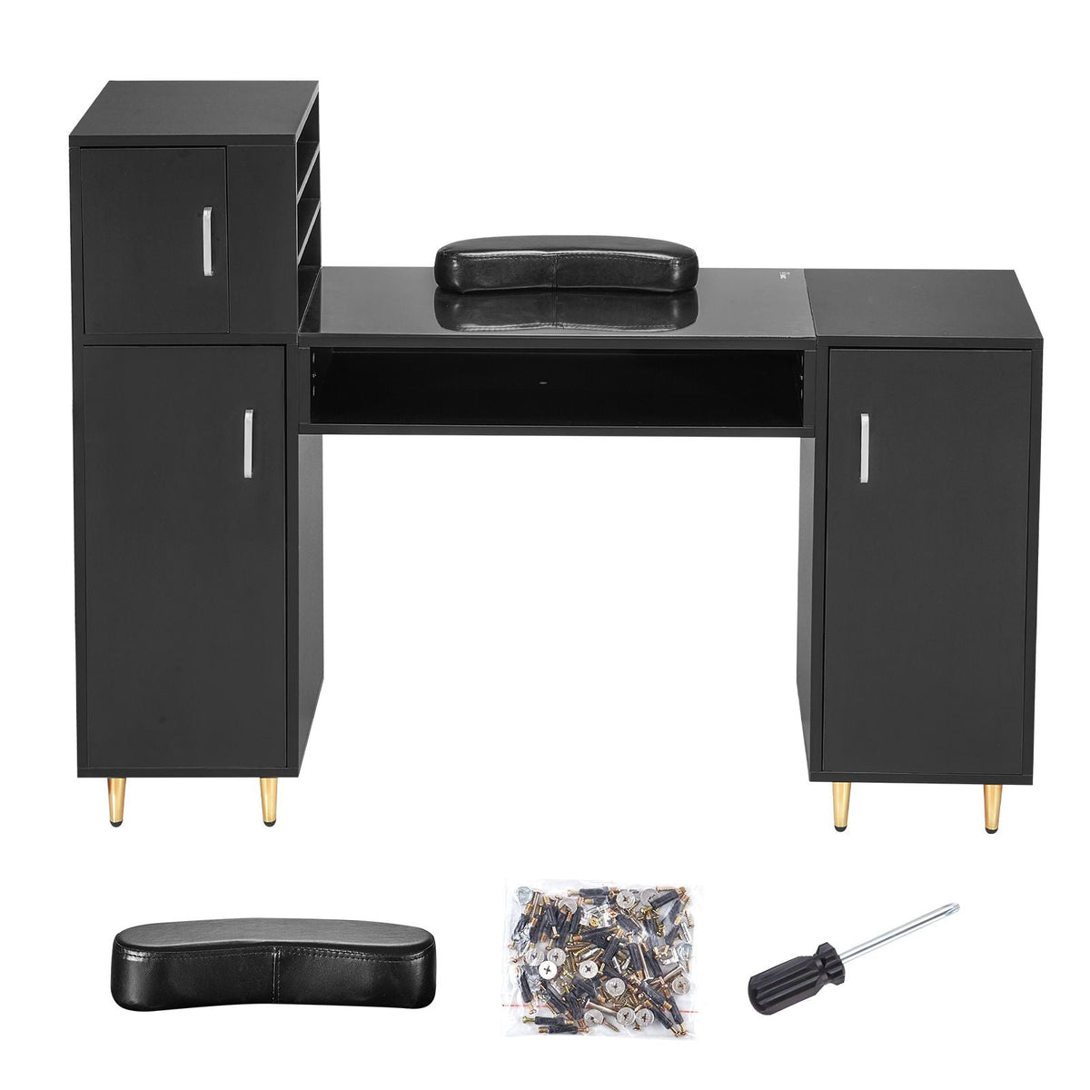 Manicure Table, Glass Top Nail Desk, Makeup Dressing Nail Station with Storage Cabinets, Acetone-Resistant Nail Tech Table for Spa Beauty Salon Workstation with Wrist Rest, 8 Metal Legs, Black