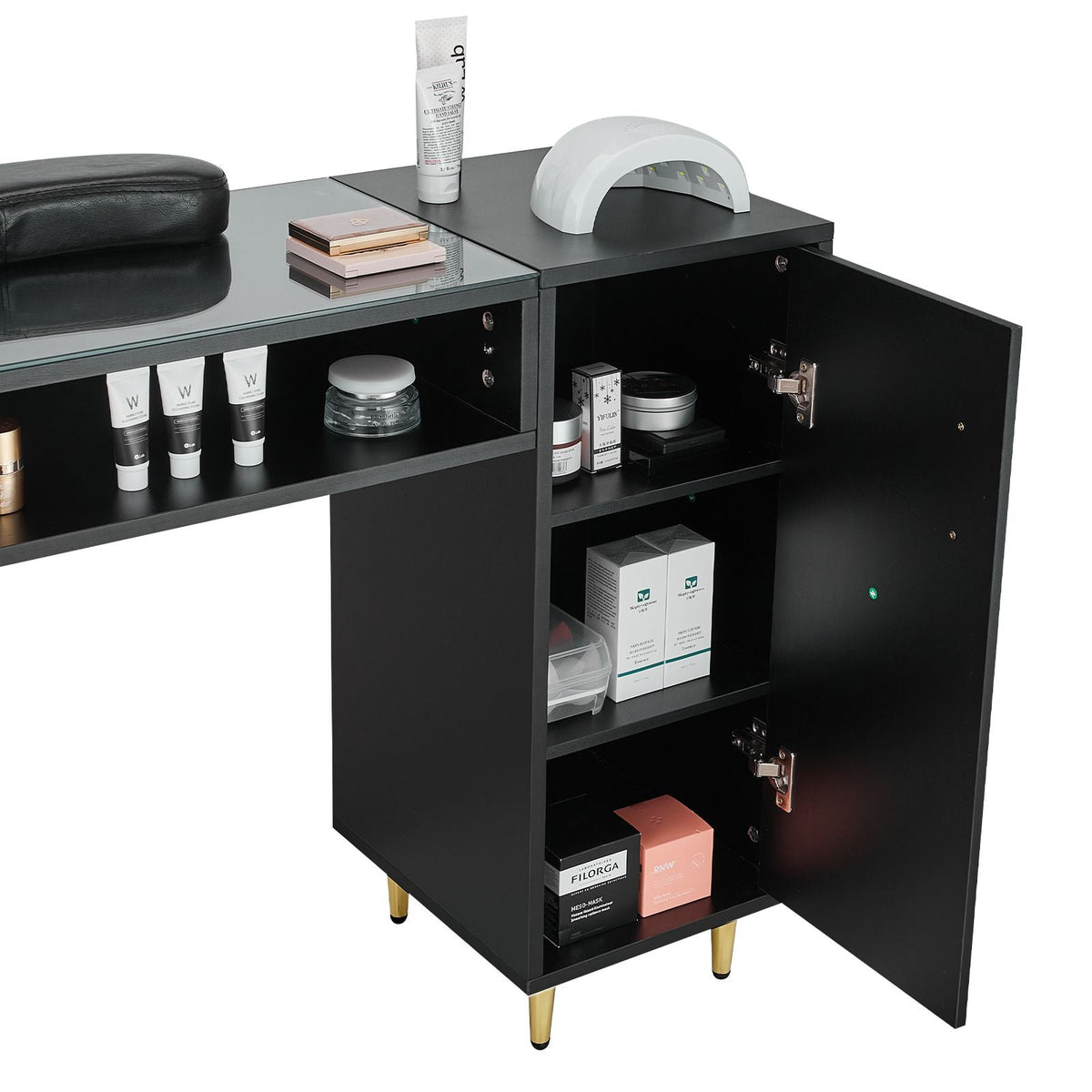 Manicure Table, Glass Top Nail Desk, Makeup Dressing Nail Station with Storage Cabinets, Acetone-Resistant Nail Tech Table for Spa Beauty Salon Workstation with Wrist Rest, 8 Metal Legs, Black