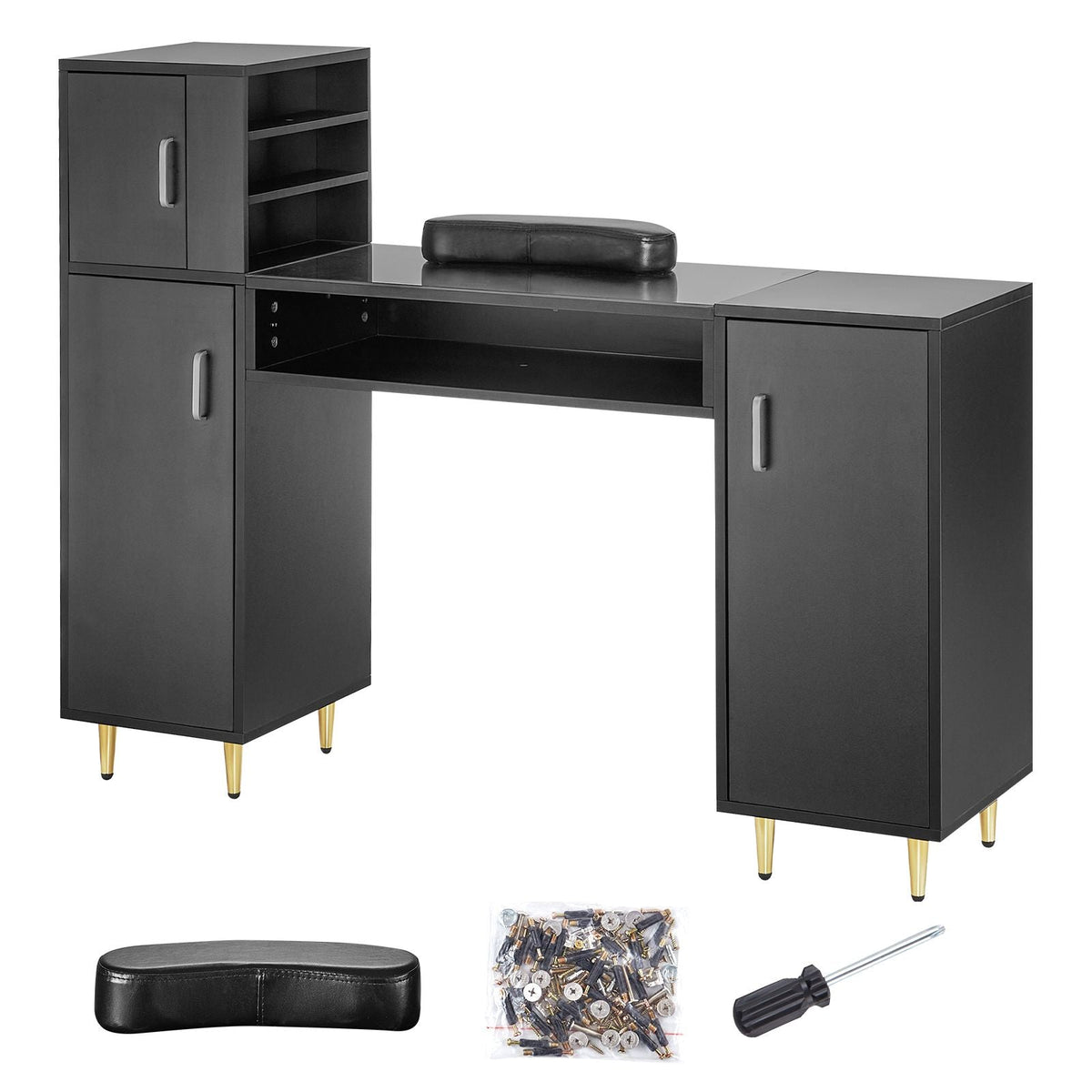 Manicure Table, Glass Top Nail Desk, Makeup Dressing Nail Station with Storage Cabinets, Acetone-Resistant Nail Tech Table for Spa Beauty Salon Workstation with Wrist Rest, 8 Metal Legs, Black