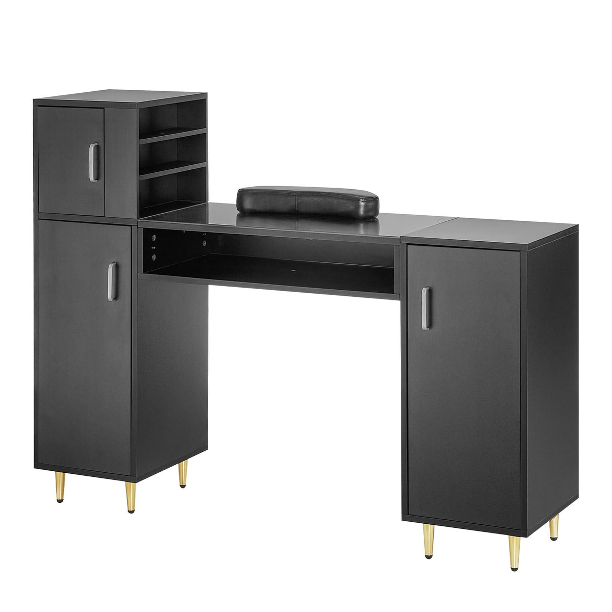 Manicure Table, Glass Top Nail Desk, Makeup Dressing Nail Station with Storage Cabinets, Acetone-Resistant Nail Tech Table for Spa Beauty Salon Workstation with Wrist Rest, 8 Metal Legs, Black