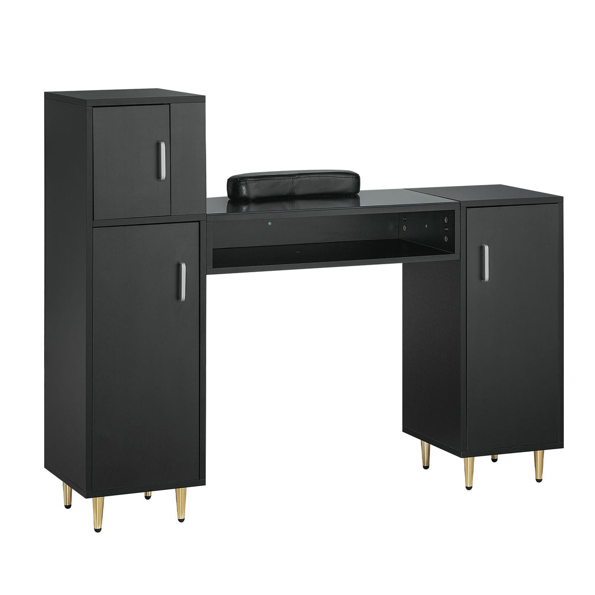 Manicure Table, Glass Top Nail Desk, Makeup Dressing Nail Station with Storage Cabinets, Acetone-Resistant Nail Tech Table for Spa Beauty Salon Workstation with Wrist Rest, 8 Metal Legs, Black