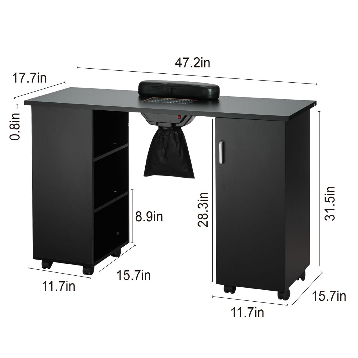 Manicure Table, Nail Table Station with Electric Dust Collector, Moveable Nail Tech Desk with 8 Wheels (4 Lockable), 3 Dust Bag & Wrist Rest, MDF Nail Art Workstation for Spa Beauty Salon, Black