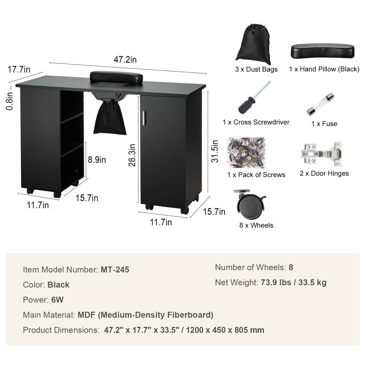 Manicure Table, Nail Table Station with Electric Dust Collector, Moveable Nail Tech Desk with 8 Wheels (4 Lockable), 3 Dust Bag & Wrist Rest, MDF Nail Art Workstation for Spa Beauty Salon, Black