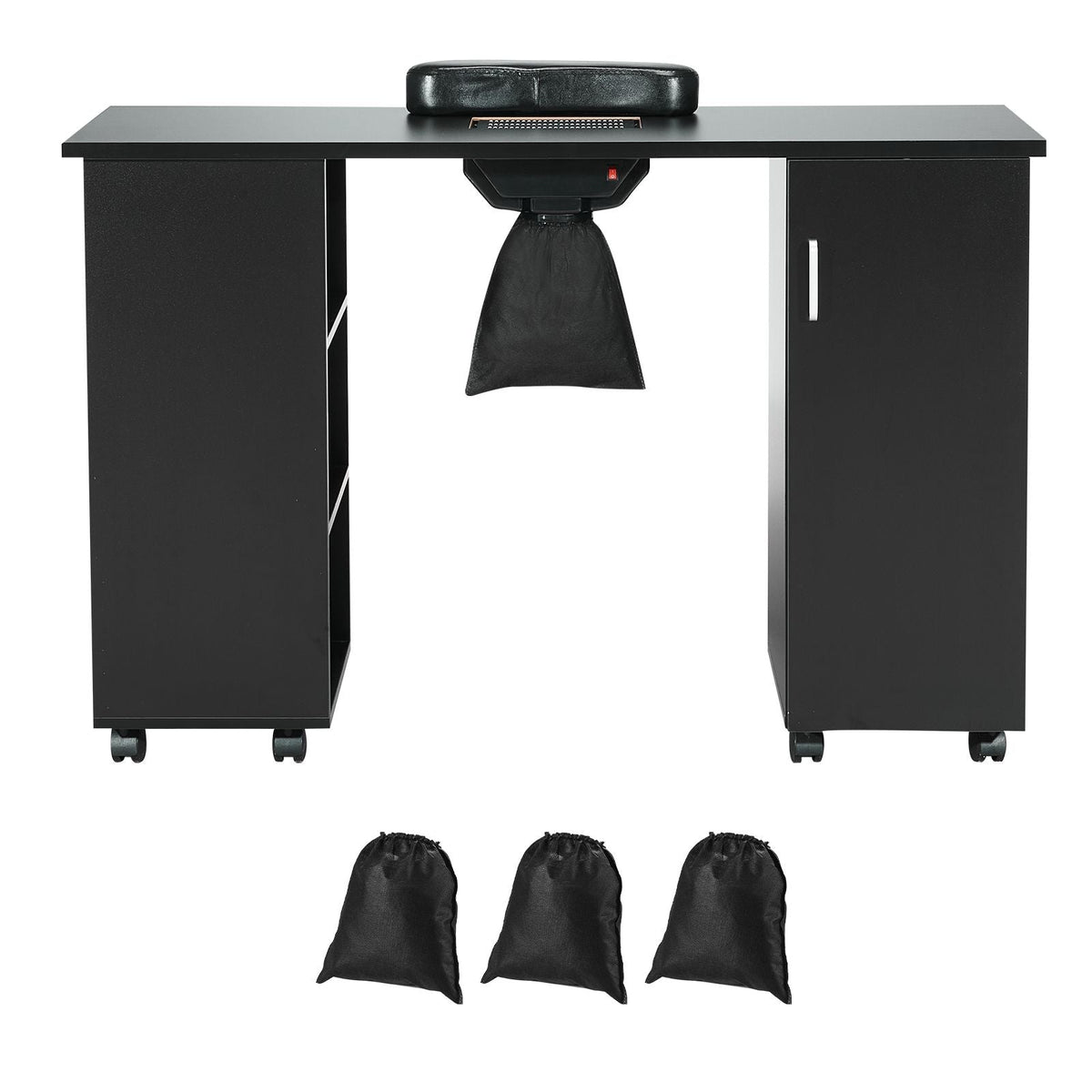 Manicure Table, Nail Table Station with Electric Dust Collector, Moveable Nail Tech Desk with 8 Wheels (4 Lockable), 3 Dust Bag & Wrist Rest, MDF Nail Art Workstation for Spa Beauty Salon, Black