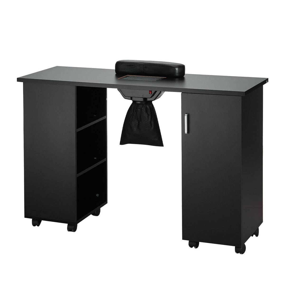 Manicure Table, Nail Table Station with Electric Dust Collector, Moveable Nail Tech Desk with 8 Wheels (4 Lockable), 3 Dust Bag & Wrist Rest, MDF Nail Art Workstation for Spa Beauty Salon, Black