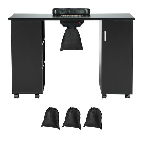 Manicure Table, Nail Table Station with Electric Dust Collector, Moveable Nail Tech Desk with 8 Wheels (4 Lockable), 3 Dust Bag & Wrist Rest, MDF Nail Art Workstation for Spa Beauty Salon, Black