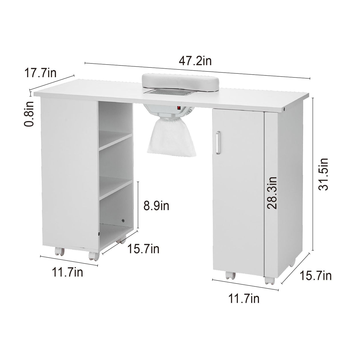 Manicure Table, Nail Table Station with Electric Dust Collector, Moveable Nail Tech Desk with 8 Wheels (4 Lockable), 3 Dust Bag & Wrist Rest, MDF Nail Art Workstation for Spa Beauty Salon, White