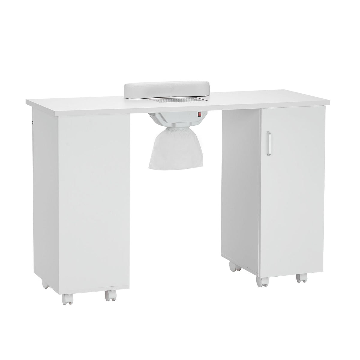 Manicure Table, Nail Table Station with Electric Dust Collector, Moveable Nail Tech Desk with 8 Wheels (4 Lockable), 3 Dust Bag & Wrist Rest, MDF Nail Art Workstation for Spa Beauty Salon, White