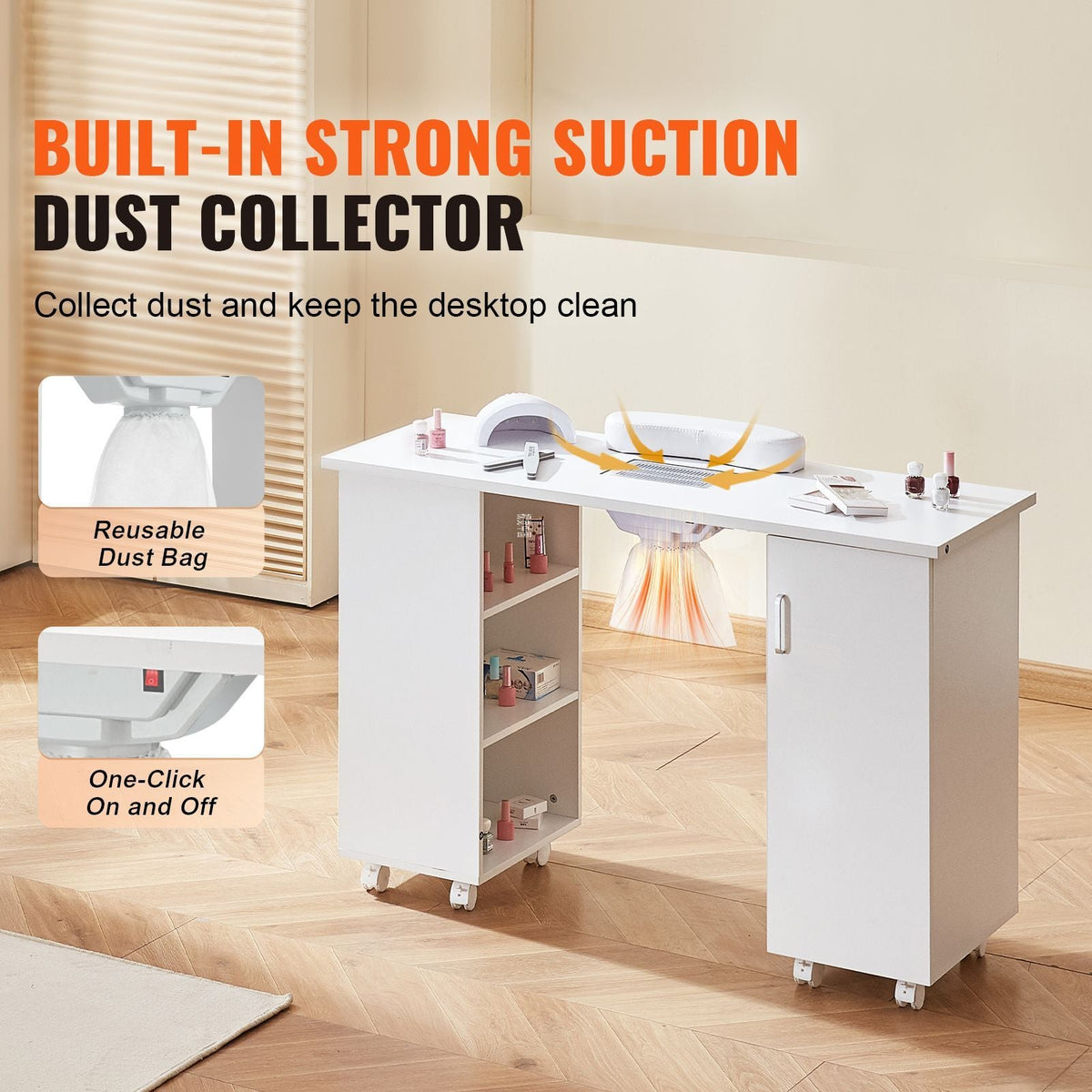 Manicure Table, Nail Table Station with Electric Dust Collector, Moveable Nail Tech Desk with 8 Wheels (4 Lockable), 3 Dust Bag & Wrist Rest, MDF Nail Art Workstation for Spa Beauty Salon, White