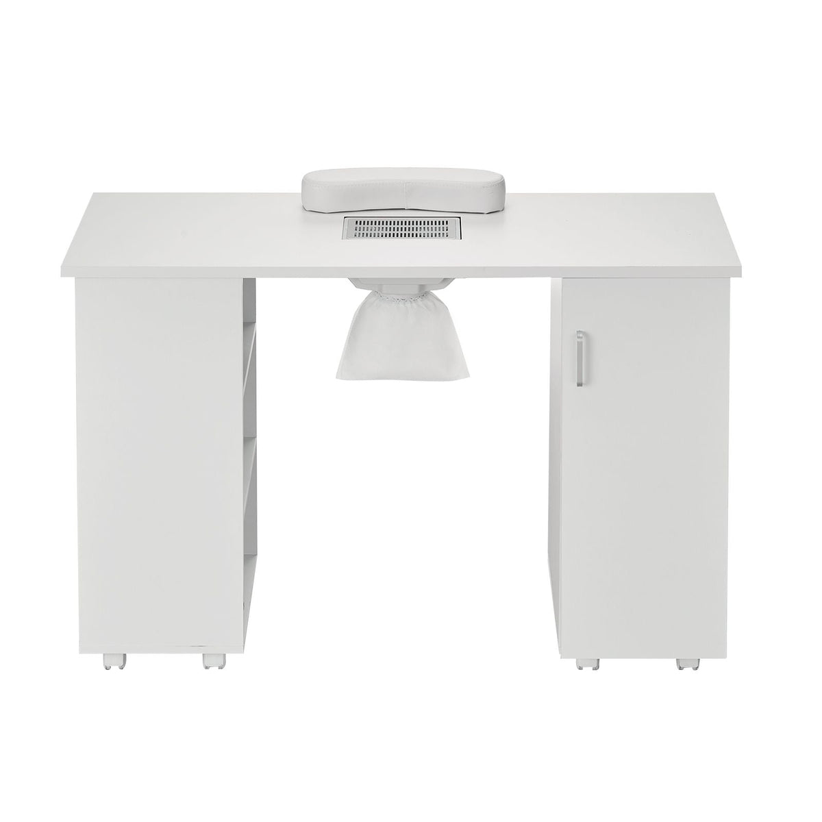 Manicure Table, Nail Table Station with Electric Dust Collector, Moveable Nail Tech Desk with 8 Wheels (4 Lockable), 3 Dust Bag & Wrist Rest, MDF Nail Art Workstation for Spa Beauty Salon, White