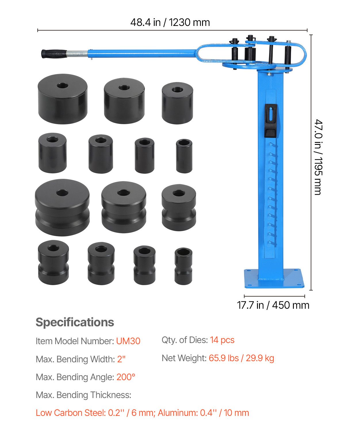Manual Bending Machine with 14 Bending Dies, 200° Heavy-Duty Bending Tool for Copper Aluminum Iron Pipes, Ideal for HVAC Air Conditioning Refrigerator Auto Repair