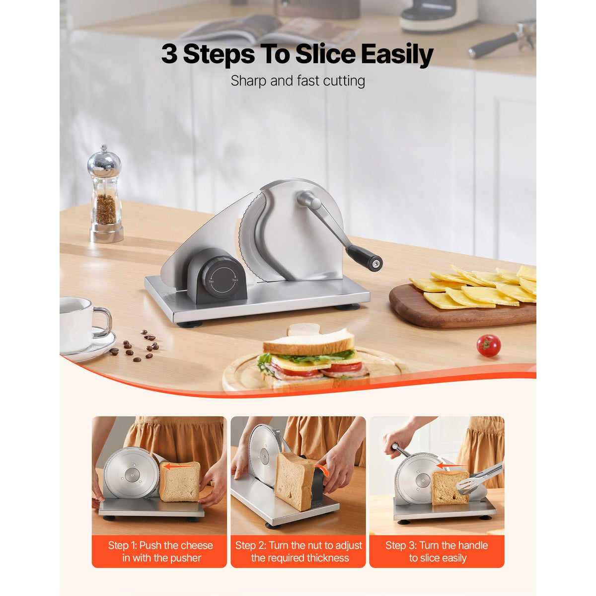 Manual Bread Slicer, 0-0.6" Adjustable Thickness Cheese Cutter, Hand Cranked Slicer for Homemade Bread - with Serrated Stainless Steel Blade for Kitchen, Restaurant, Bakery, Party