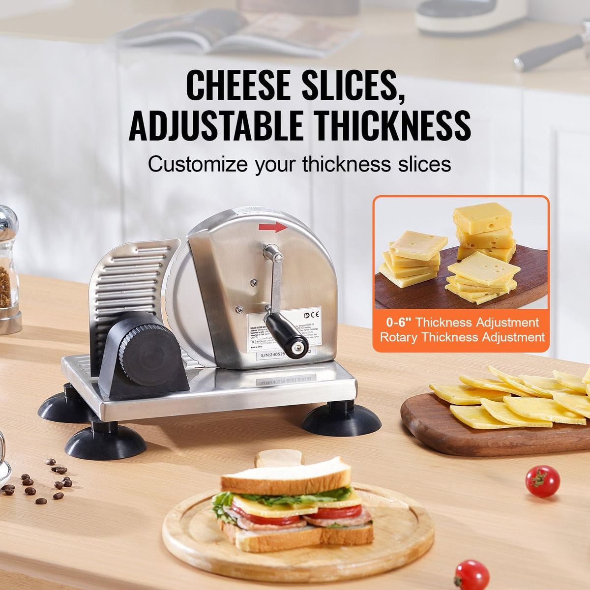 Manual Bread Slicer, 0-6" Adjustable Thickness Cheeser Butter Cutting, Micro-Serrated Stainless Steel Blade, Aluminum Alloy Commercial Cheese Slicer for Kitchen, Restaurant, Bakery, Party