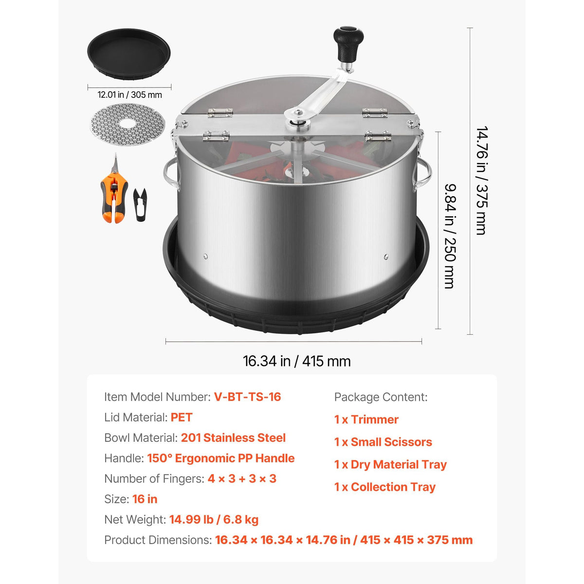 Manual Bud Leaf Trimmer, 16 in Reaper Bowl Bud Trimmer with Stainless Steel Blades, Visual Cutting, Wet & Dry Hydroponic Cutting Machine with Tray, Twisted Spin Cut for Plant Buds Flowers