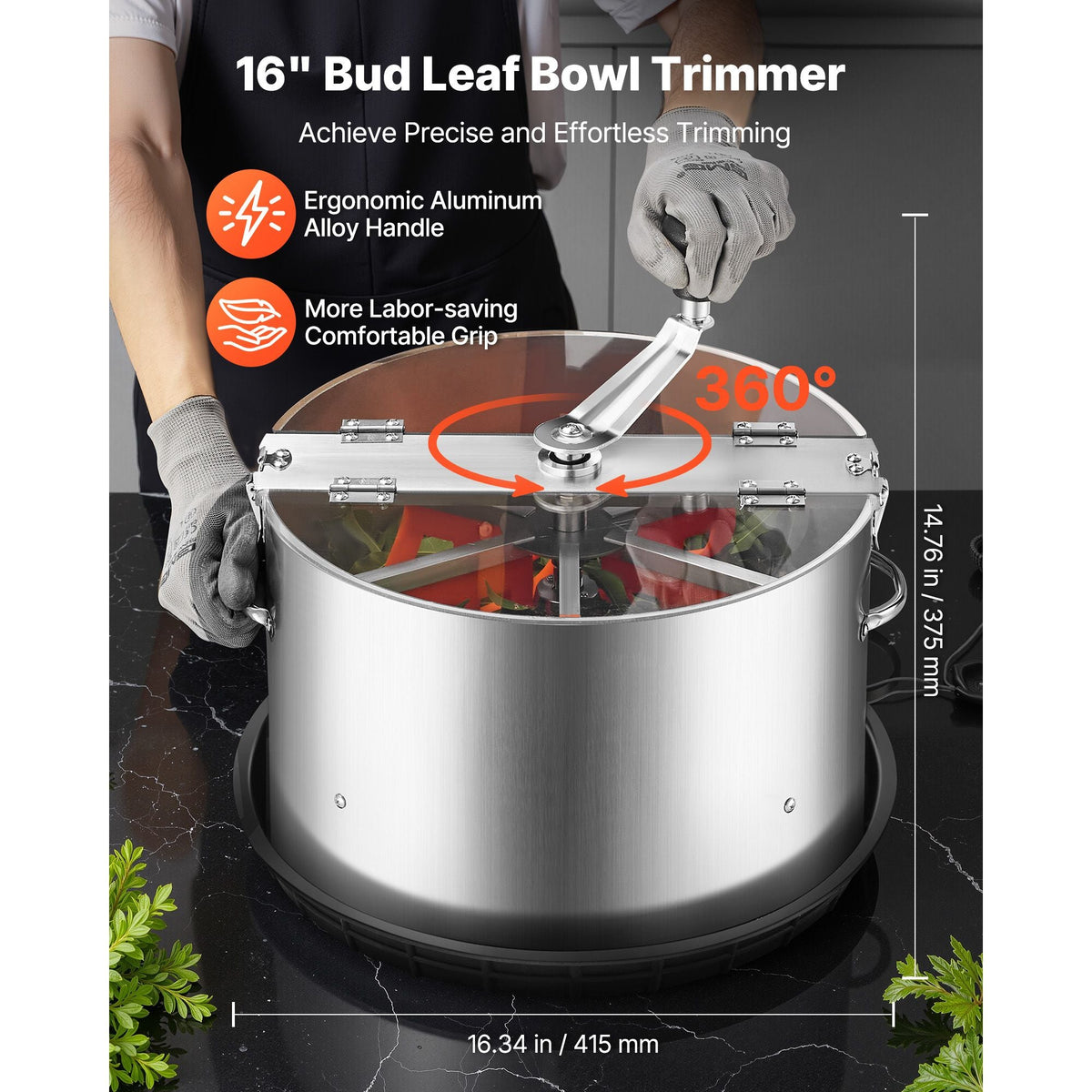 Manual Bud Leaf Trimmer, 16 in Reaper Bowl Bud Trimmer with Stainless Steel Blades, Visual Cutting, Wet & Dry Hydroponic Cutting Machine with Tray, Twisted Spin Cut for Plant Buds Flowers