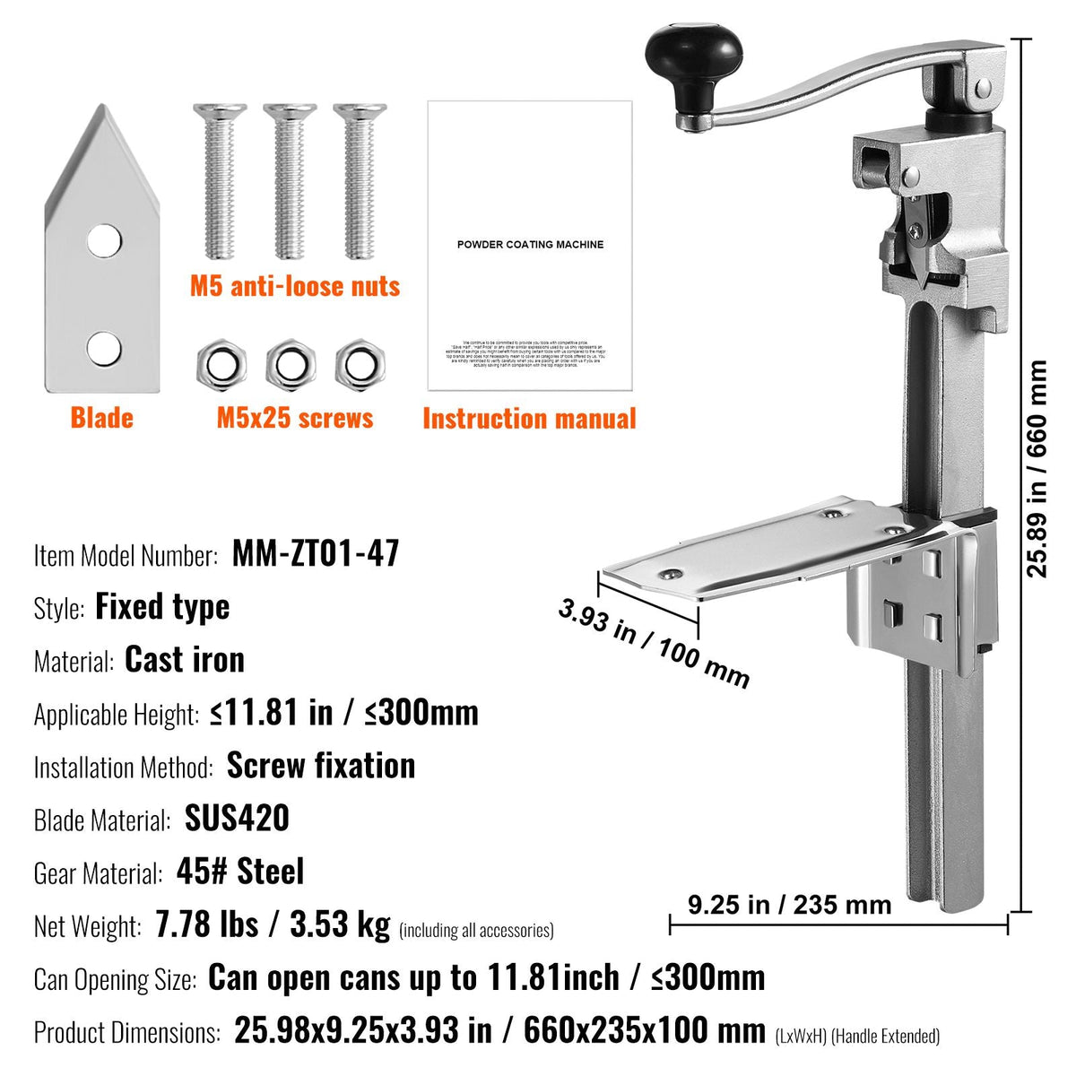 Manual Can Opener, Commercial Table Opener for Large Cans, Heavy Duty Can Opener with Base, Adjustable Height Industrial Jar Opener For Cans Up to 15.7" Tall, for Restaurant Hotel Home Bar