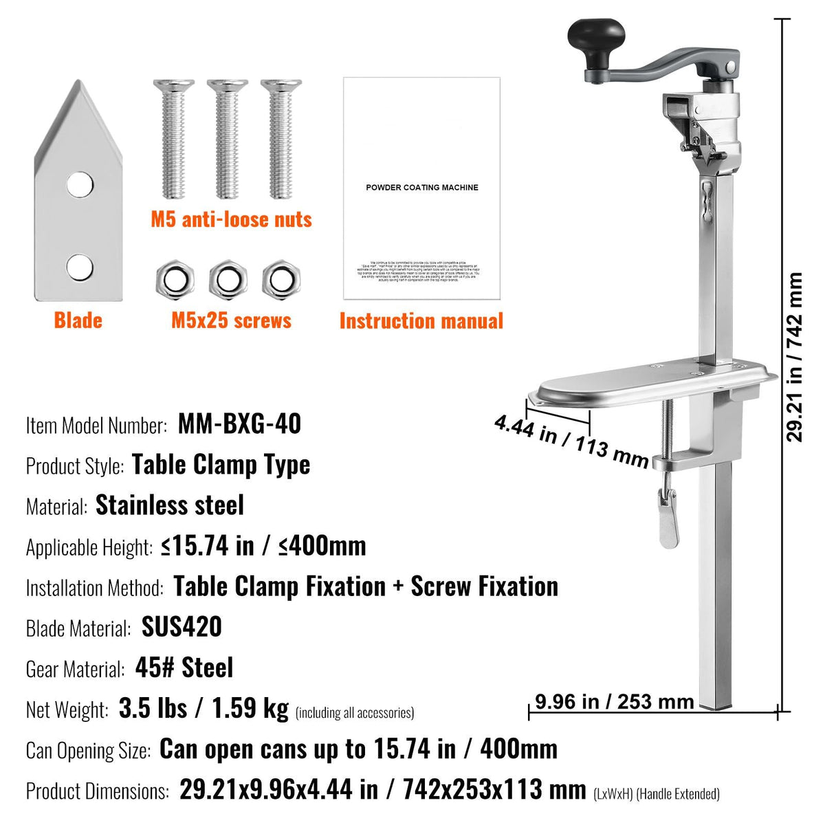 Manual Can Opener, Sturdy Table-Mounted Opener for Big Cans, Durable with Stand, Height-Adjustable Professional Bottle Opener, Suitable for Cans Up to 15.7" High, Ideal for Restaurants, Hotel