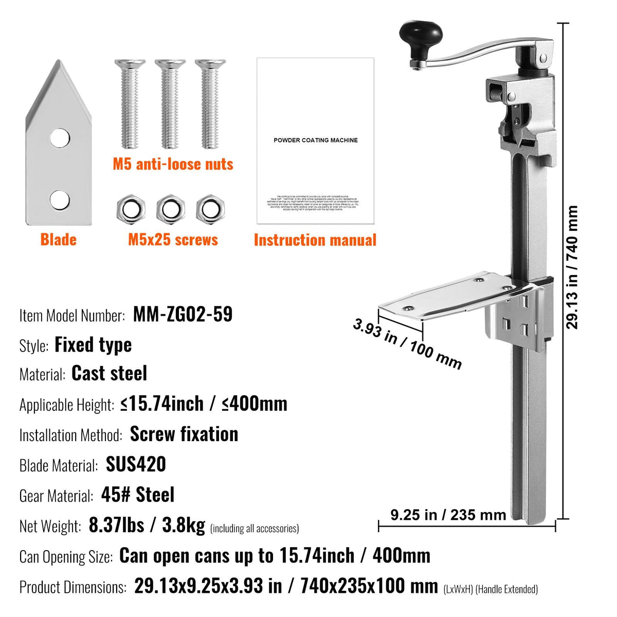 Manual Can Opener, Sturdy Tabletop Can Opener for Big Cans, Durable with Stand, Height-Adjustable Professional Jar Opener, Suitable for Cans Up to 11.8" High, Ideal for Restaurants, Hotels, H