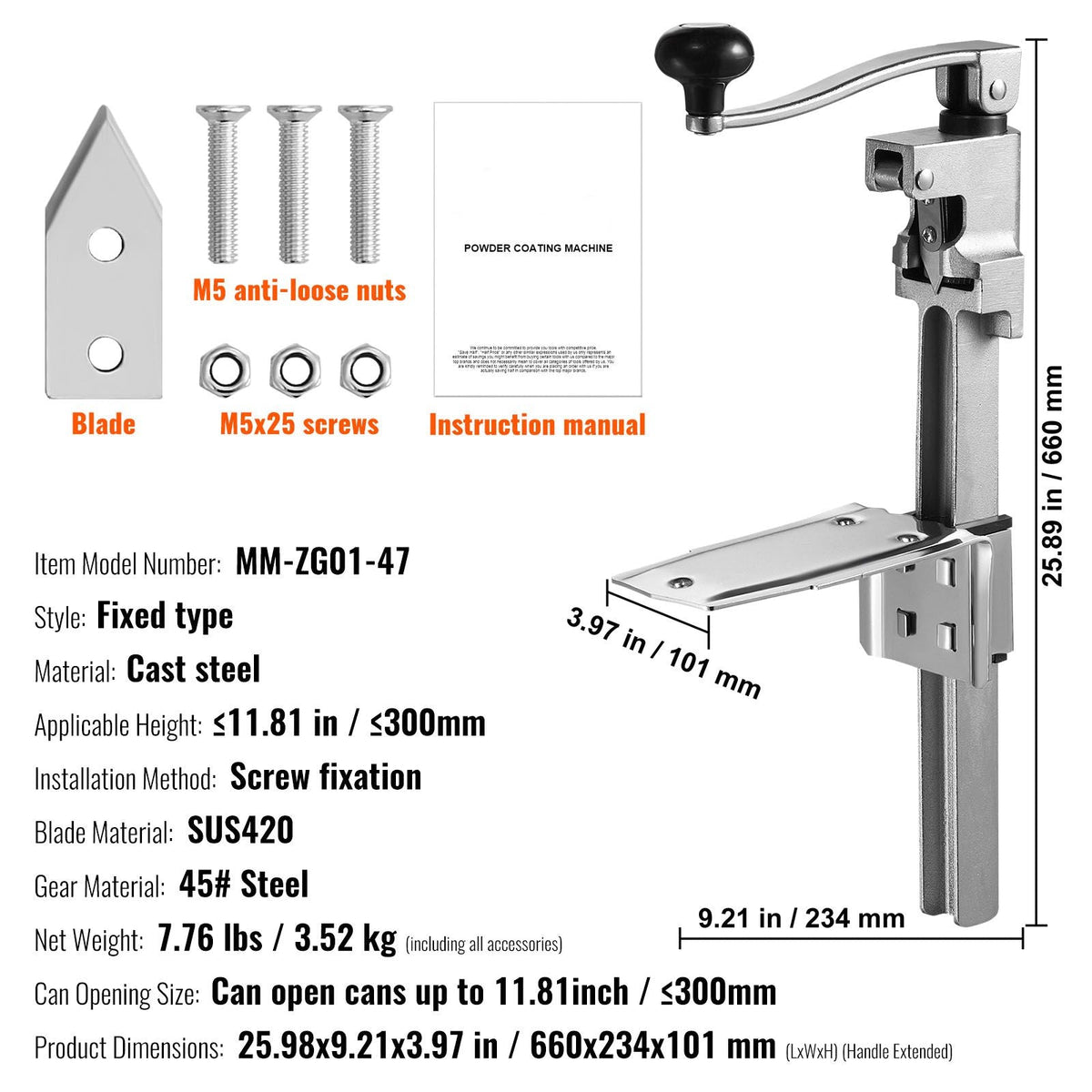 Manual Can Opener, Sturdy Tabletop Can Opener for Big Cans, Robust Can Opener with Stand, Height-Adjustable Professional Jar Opener, Suitable for Cans Up to 11.8" in Height, Ideal for Restaur