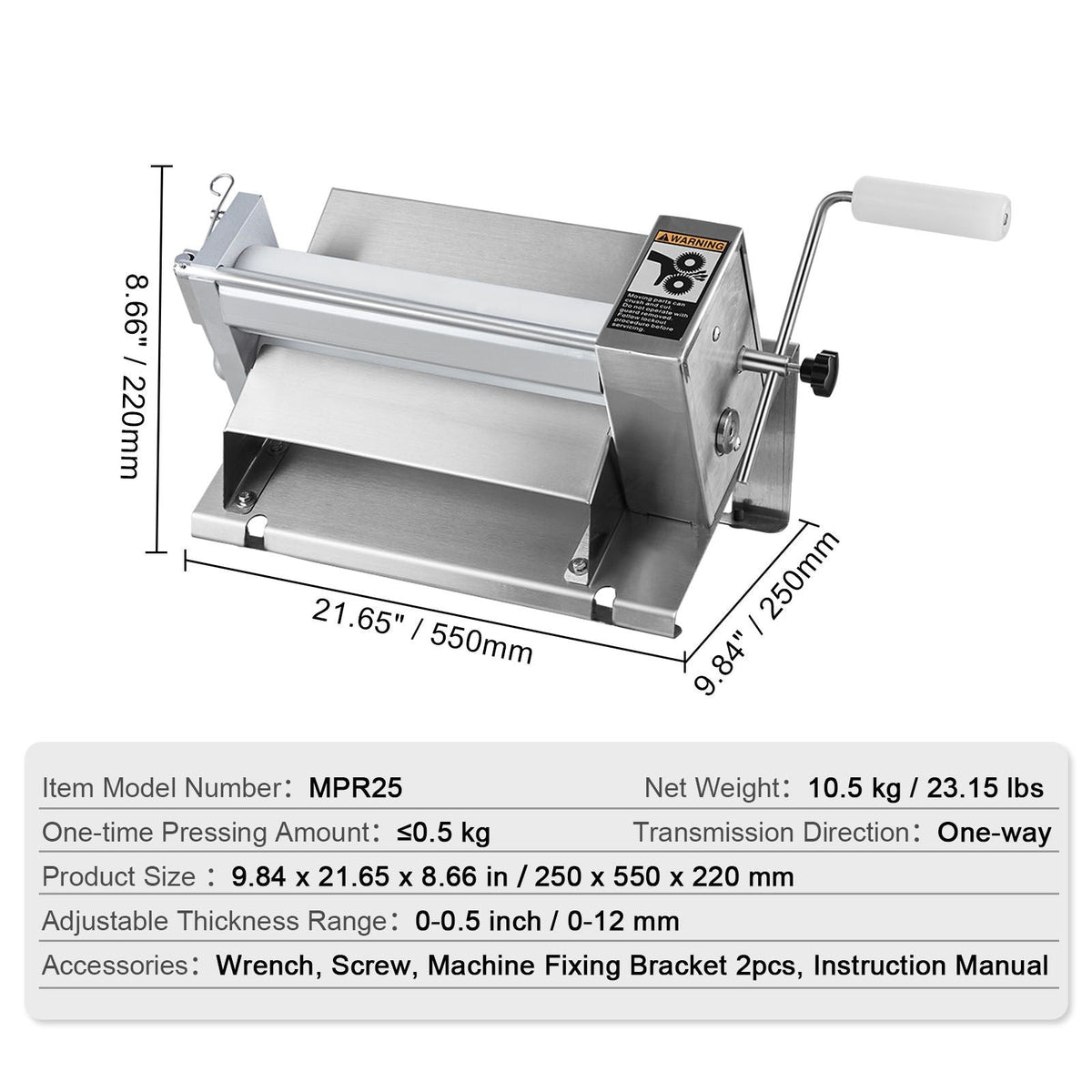 Manual Dough Sheeter Machine, Puff Pastry Sheeter and Fondant Roller, Removable Handle, Panel, Roller for Easy Cleaning, Max 1/2 inch Adjustable Thickness, for Home or Small Commercial Kitchens