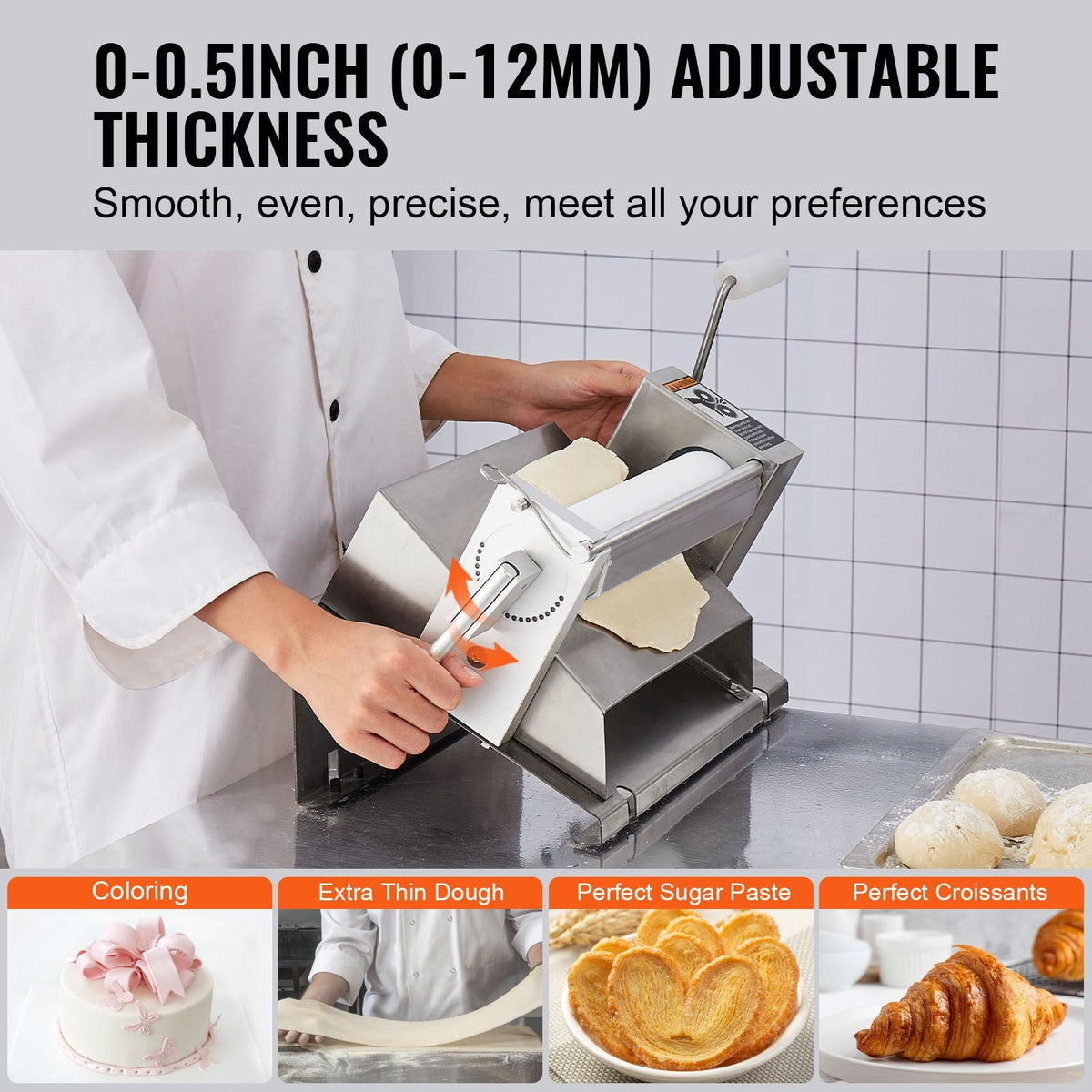 Manual Dough Sheeter Machine, Puff Pastry Sheeter and Fondant Roller, Removable Handle, Panel, Roller for Easy Cleaning, Max 1/2 inch Adjustable Thickness, for Home or Small Commercial Kitchens