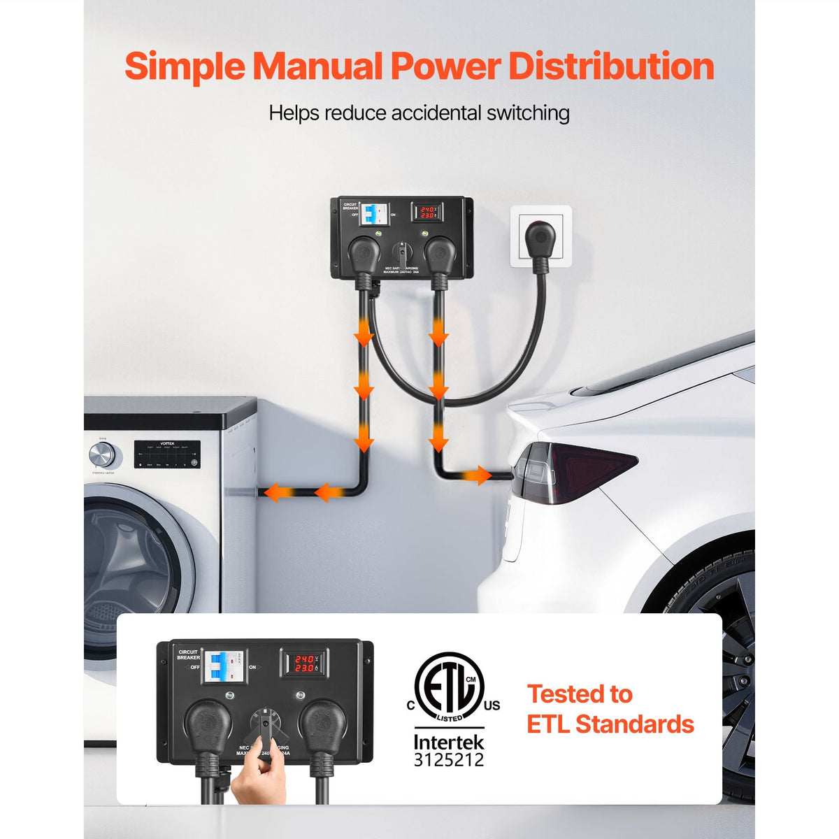 Manual EV Charging Switch, NEMA 10-30, Splitter Switch for Dryer & EV, 24A Max 240V Manual Power Distribution with Circuit Breaker, Real-Time Display, Hand-Operated Selector, Plug and Play, ETL