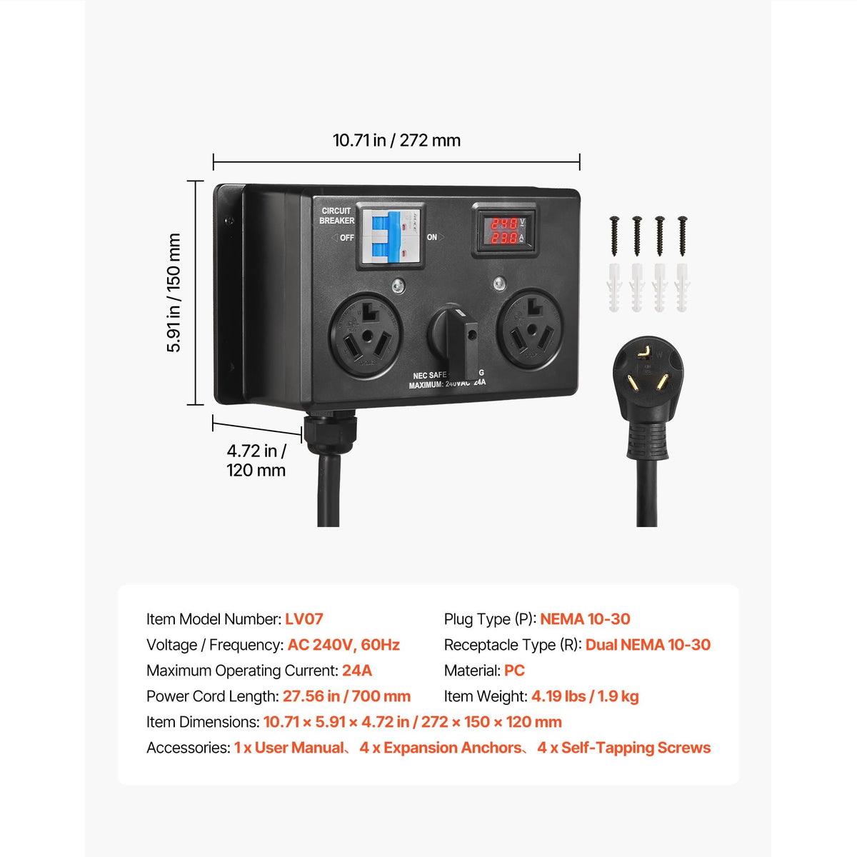 Manual EV Charging Switch, NEMA 10-30, Splitter Switch for Dryer & EV, 24A Max 240V Manual Power Distribution with Circuit Breaker, Real-Time Display, Hand-Operated Selector, Plug and Play, ETL