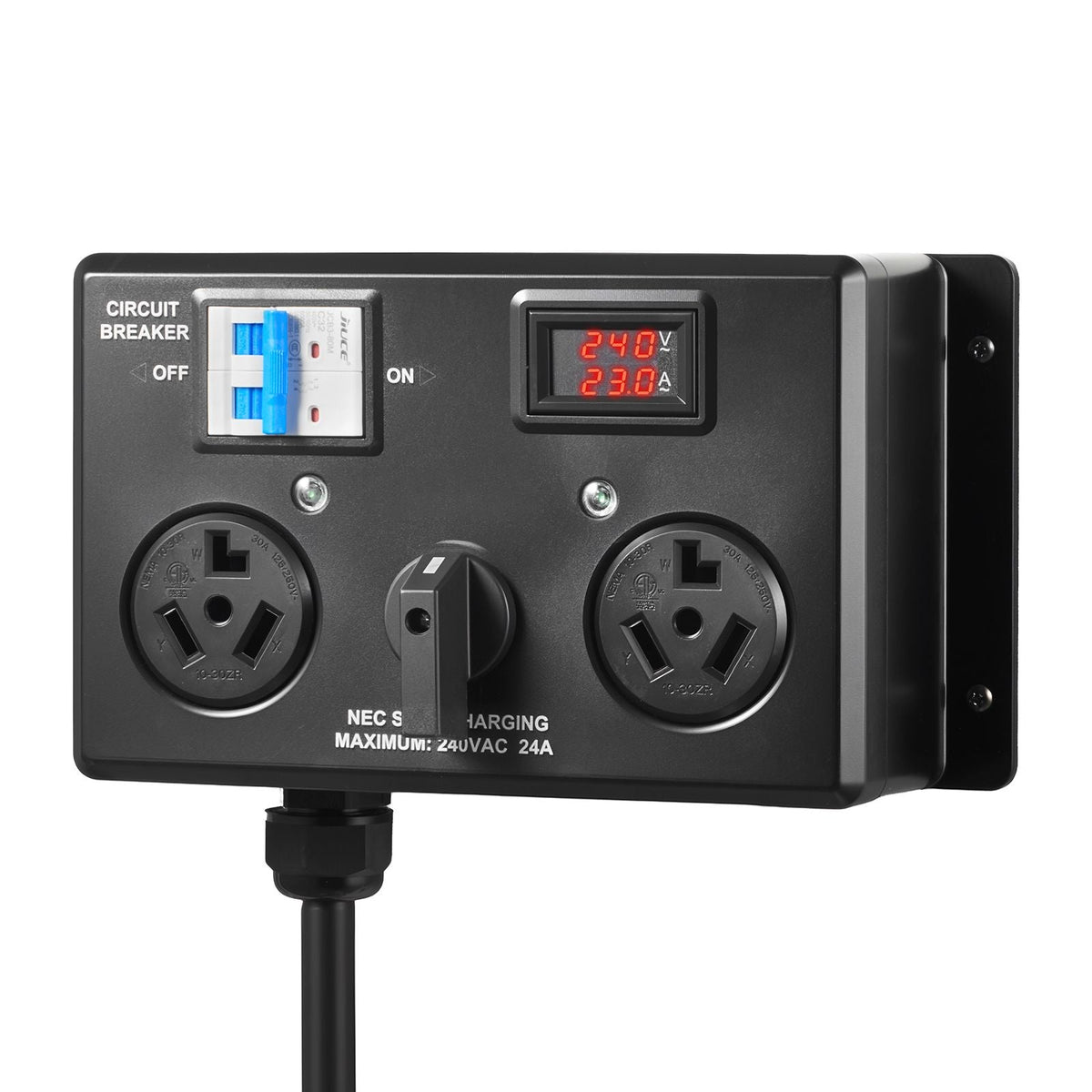 Manual EV Charging Switch, NEMA 10-30, Splitter Switch for Dryer & EV, 24A Max 240V Manual Power Distribution with Circuit Breaker, Real-Time Display, Hand-Operated Selector, Plug and Play, ETL