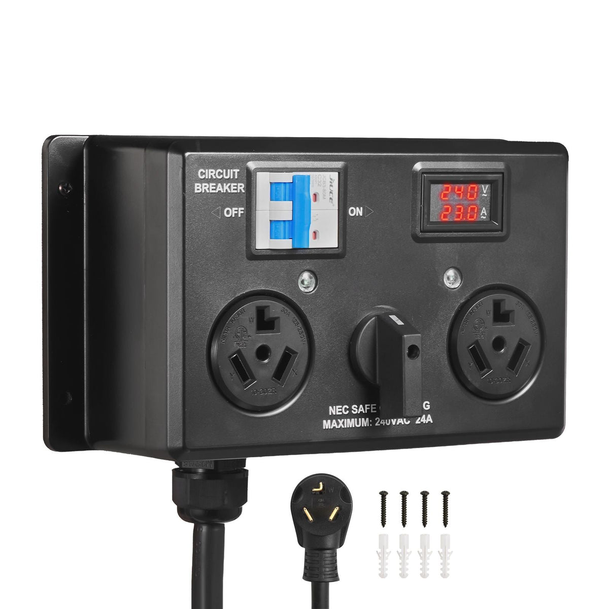 Manual EV Charging Switch, NEMA 10-30, Splitter Switch for Dryer & EV, 24A Max 240V Manual Power Distribution with Circuit Breaker, Real-Time Display, Hand-Operated Selector, Plug and Play, ETL