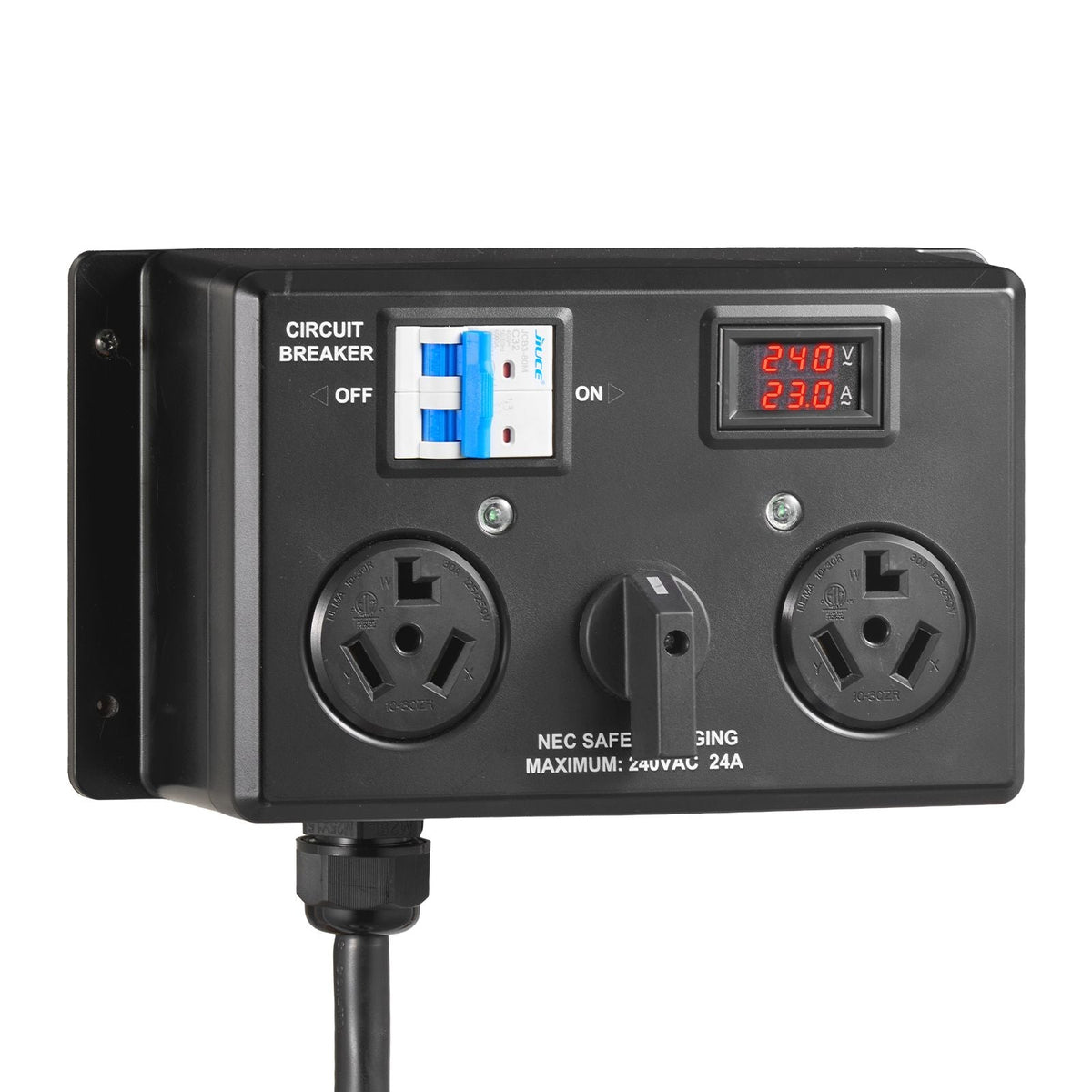 Manual EV Charging Switch, NEMA 10-30, Splitter Switch for Dryer & EV, 24A Max 240V Manual Power Distribution with Circuit Breaker, Real-Time Display, Hand-Operated Selector, Plug and Play, ETL