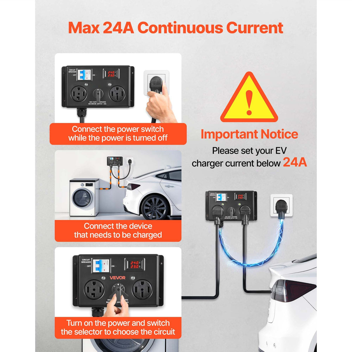 Manual EV Charging Switch, NEMA 14-30P to 14-30R & 14-50R, Splitter Switch for Dryer & EV, 24A Max 240V Manual Power Distribution with Circuit Breaker, Hand-Operated Selector, Plug and Play, ETL