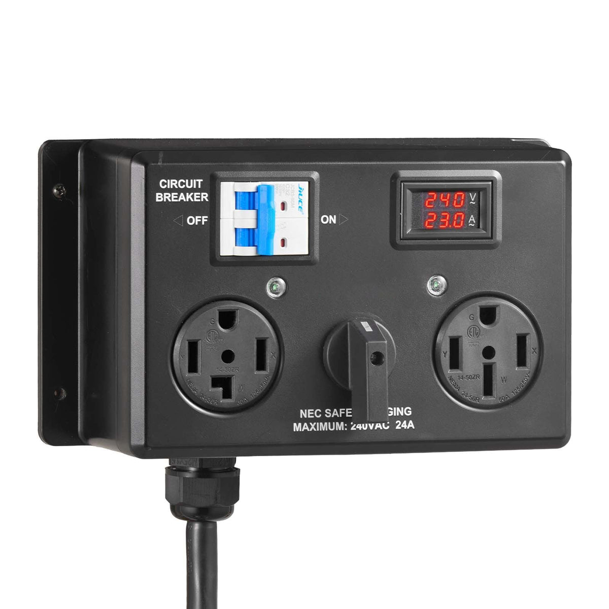 Manual EV Charging Switch, NEMA 14-30P to 14-30R & 14-50R, Splitter Switch for Dryer & EV, 24A Max 240V Manual Power Distribution with Circuit Breaker, Hand-Operated Selector, Plug and Play, ETL