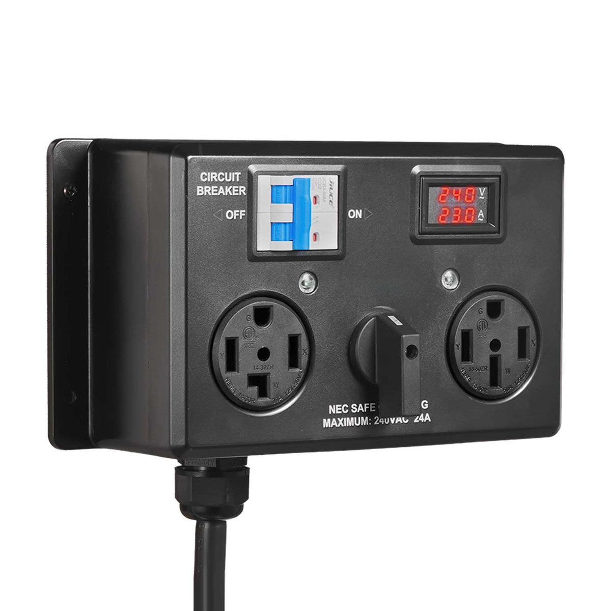 Manual EV Charging Switch, NEMA 14-30P to 14-30R & 14-50R, Splitter Switch for Dryer & EV, 24A Max 240V Manual Power Distribution with Circuit Breaker, Hand-Operated Selector, Plug and Play, ETL