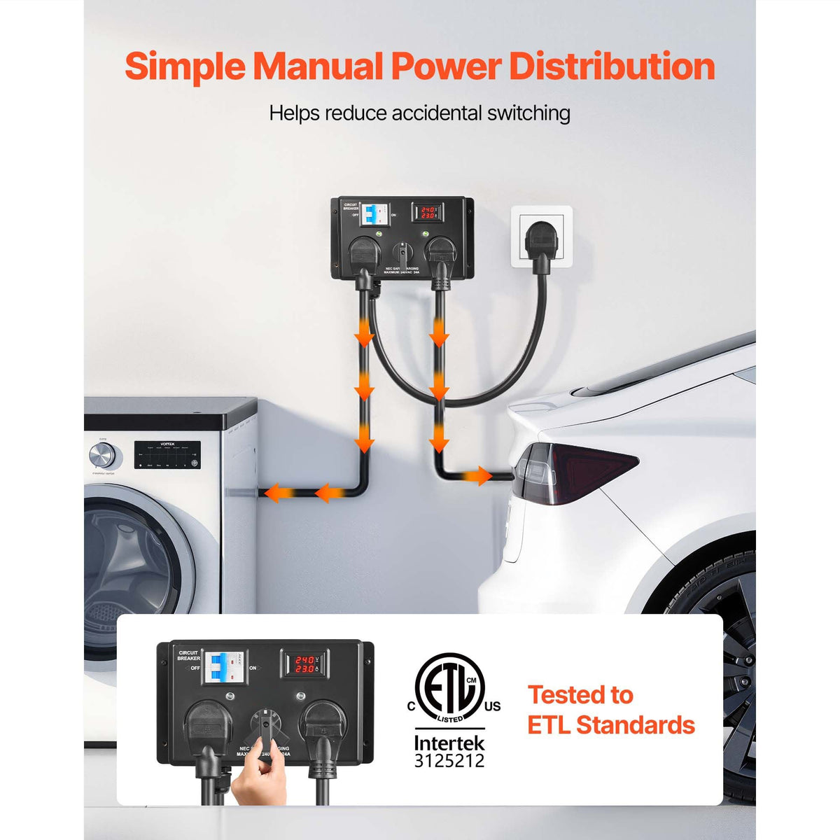 Manual EV Charging Switch, NEMA 14-30P to 14-30R & 14-50R, Splitter Switch for Dryer & EV, 24A Max 240V Manual Power Distribution with Circuit Breaker, Hand-Operated Selector, Plug and Play, ETL