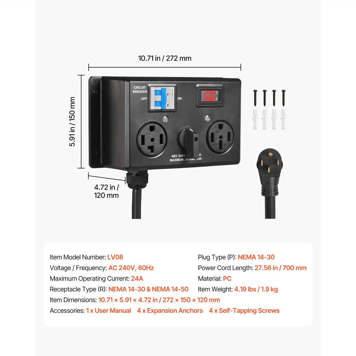 Manual EV Charging Switch, NEMA 14-30P to 14-30R & 14-50R, Splitter Switch for Dryer & EV, 24A Max 240V Manual Power Distribution with Circuit Breaker, Hand-Operated Selector, Plug and Play, ETL