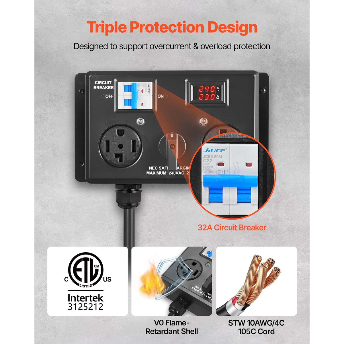 Manual EV Charging Switch, NEMA 14-30P to 14-30R & 14-50R, Splitter Switch for Dryer & EV, 24A Max 240V Manual Power Distribution with Circuit Breaker, Hand-Operated Selector, Plug and Play, ETL