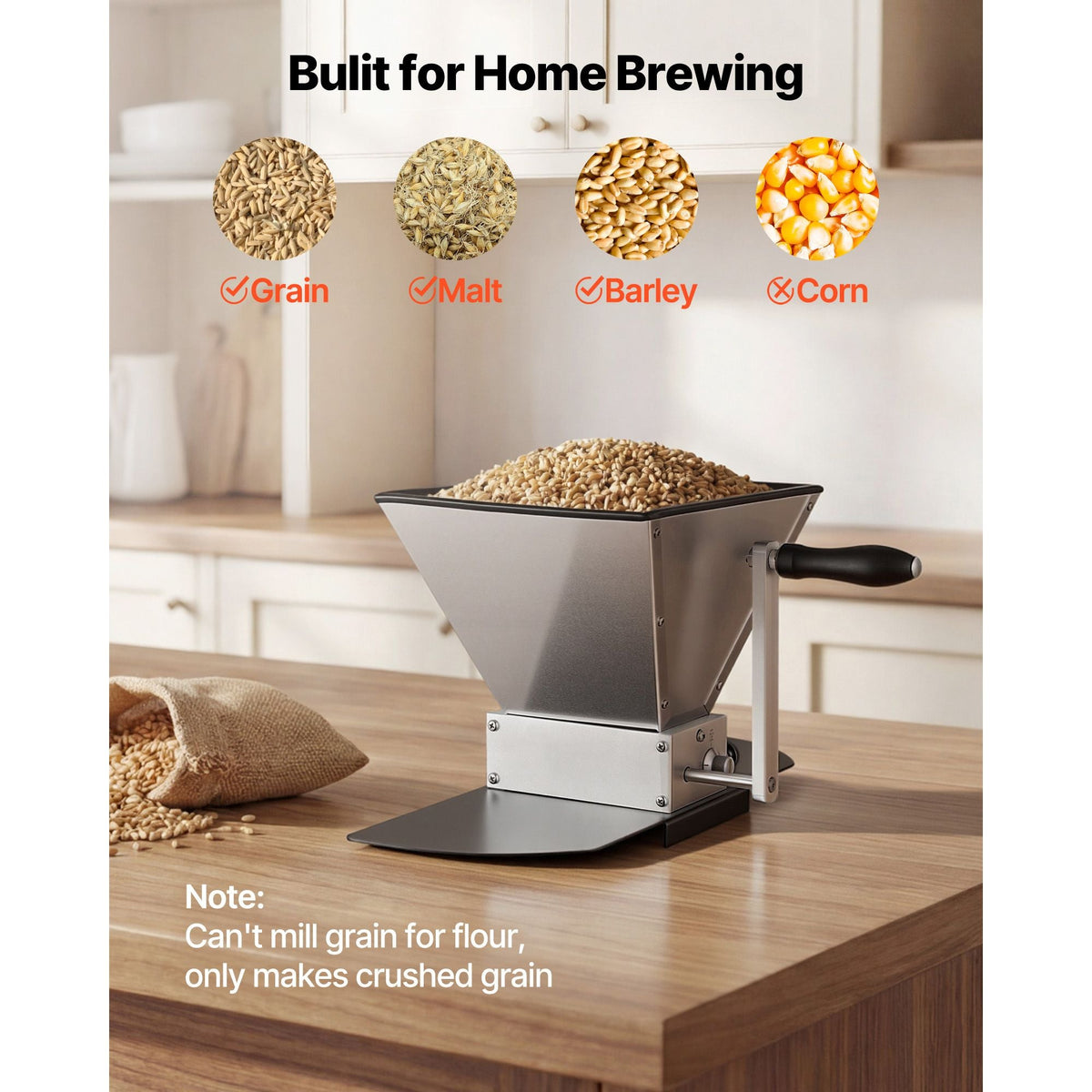 Manual Grain Mill, Homebrew Malt Grinder, Adjustable Barley Mill Crusher for Wheat Beer Brewing - with 2 Stainless Steel Rollers, 1.06 Gallon Hopper & Metal Base Plate