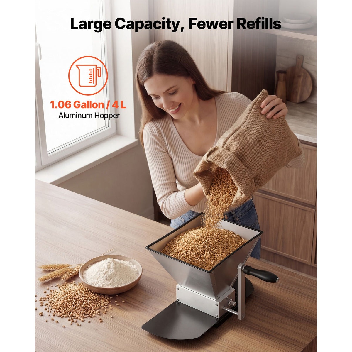 Manual Grain Mill, Homebrew Malt Grinder, Adjustable Barley Mill Crusher for Wheat Beer Brewing - with 2 Stainless Steel Rollers, 1.06 Gallon Hopper & Metal Base Plate