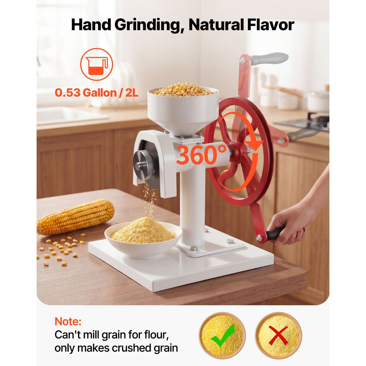 Manual Grain Mill with Flywheel, Hand-Crank Corn Grinder, Heavy-Duty Carbon Steel Wheat Grinding Mill with Adjustable Fineness & 0.53 Gallon Hopper for Grains Spices Coffee Beans Nuts